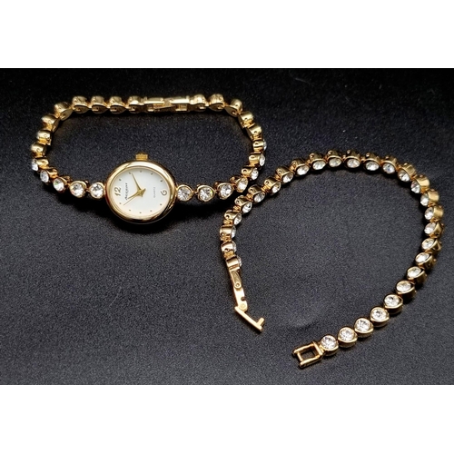 1208 - Ladies Accent Gilt and Stone Set Quartz Watch 22mm Including crown (New Battery Fitted Full Working ... 