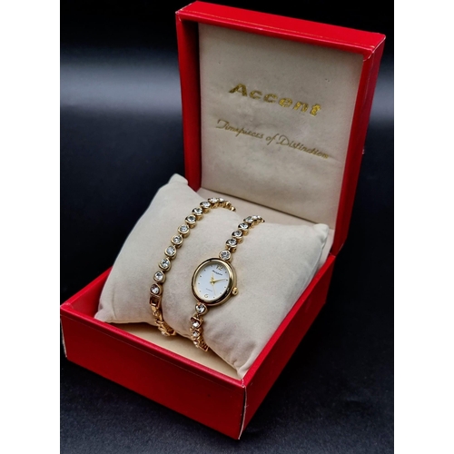 1208 - Ladies Accent Gilt and Stone Set Quartz Watch 22mm Including crown (New Battery Fitted Full Working ... 