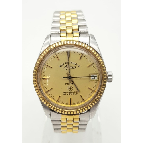 128 - A West End 25 Jewel Prima Automatic Unisex Watch. Two tone metal strap and case - 32mm. Gold tone di... 
