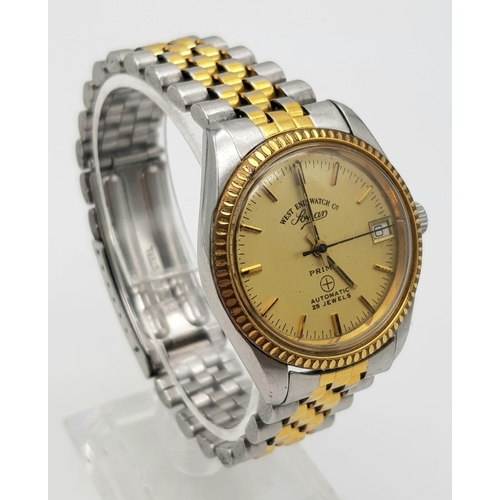 128 - A West End 25 Jewel Prima Automatic Unisex Watch. Two tone metal strap and case - 32mm. Gold tone di... 