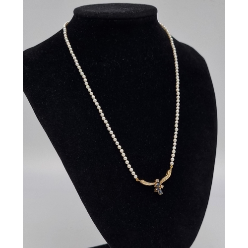 275 - A Stunning 18k Yellow Gold Diamond and Sapphire Seed Pearl Necklace, 45cm Length. Set with 3 X Marqu... 