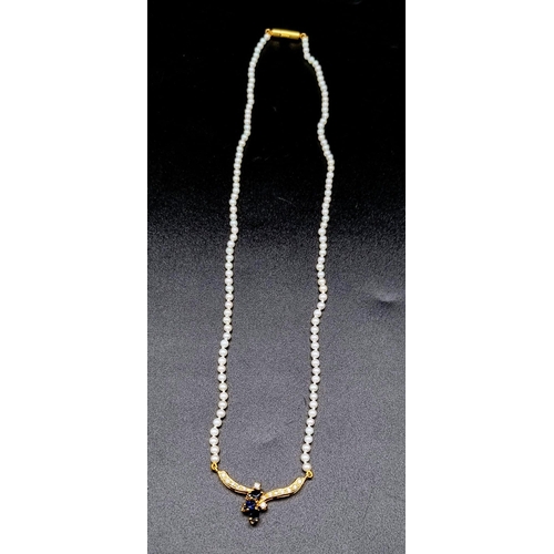 275 - A Stunning 18k Yellow Gold Diamond and Sapphire Seed Pearl Necklace, 45cm Length. Set with 3 X Marqu... 