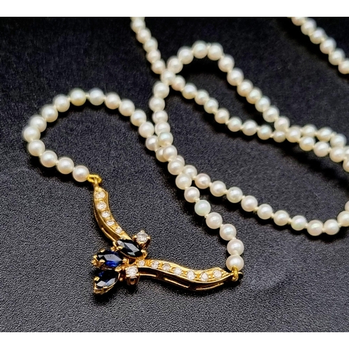 275 - A Stunning 18k Yellow Gold Diamond and Sapphire Seed Pearl Necklace, 45cm Length. Set with 3 X Marqu... 