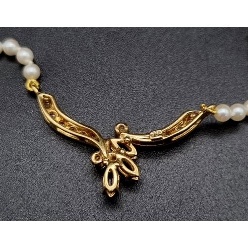 275 - A Stunning 18k Yellow Gold Diamond and Sapphire Seed Pearl Necklace, 45cm Length. Set with 3 X Marqu... 