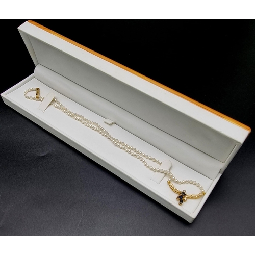 275 - A Stunning 18k Yellow Gold Diamond and Sapphire Seed Pearl Necklace, 45cm Length. Set with 3 X Marqu... 