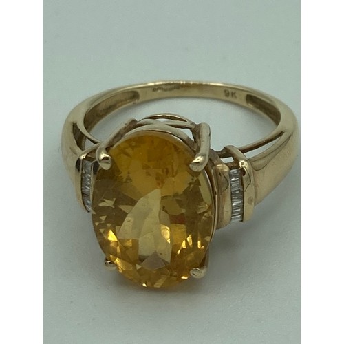 602 - 9 carat GOLD CITRINE AND DIAMOND RING, having large 3 carat cushion cut CITRINE SOLITAIRE set to top... 