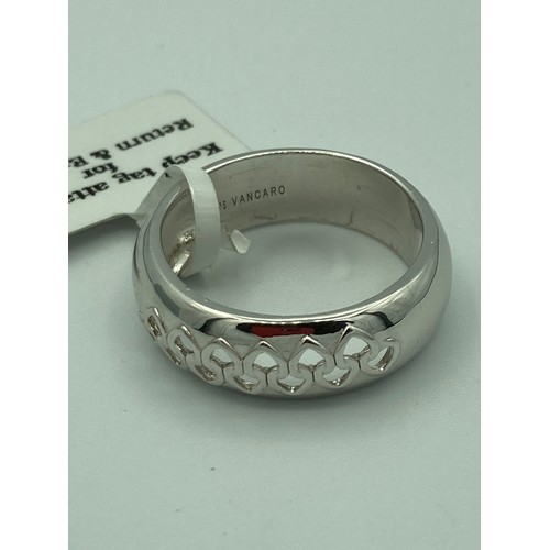 Genuine VANCARO SILVER RING having pierced openwork design to top. Complete with ring box. Size T