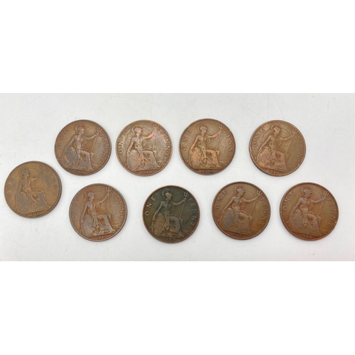 1106 - Nine UK 1918 and 1919 One Penny Coins. KN mint. Please see photos for conditions.