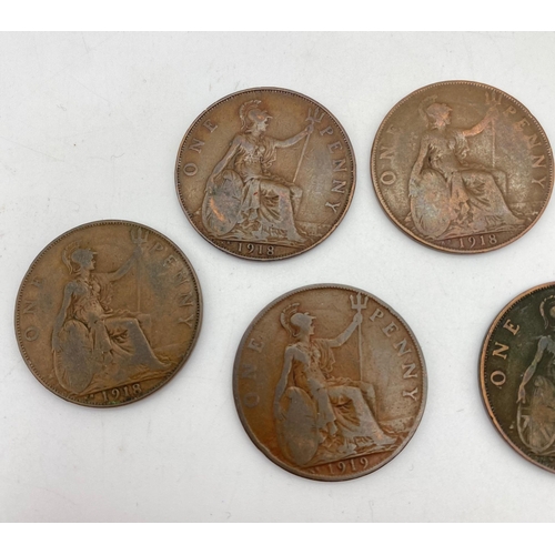 1106 - Nine UK 1918 and 1919 One Penny Coins. KN mint. Please see photos for conditions.