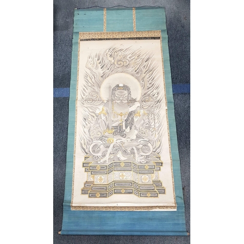 585 - AN ANTIQUE JAPANESE FUDO MIYO KAKIJIKU PAINTING, 250 - 300 YEARS OLD. 
A VERY DELICATE WITH SILK ON ... 