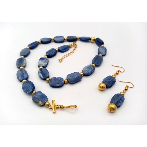 110 - An excellent quality, unusual, large beaded, natural Kyanite necklace and earrings set with gilded a... 