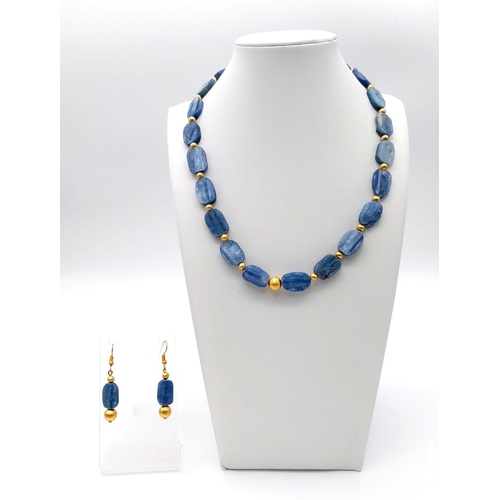 110 - An excellent quality, unusual, large beaded, natural Kyanite necklace and earrings set with gilded a... 