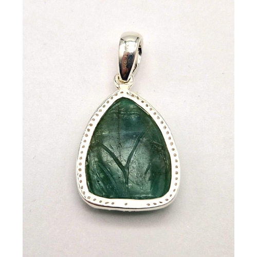 201 - A 12.20 Ct Rare Hand-Carved Natural Emerald Gemstone 925 Silver Pendant - With White Topaz Stone sur... 