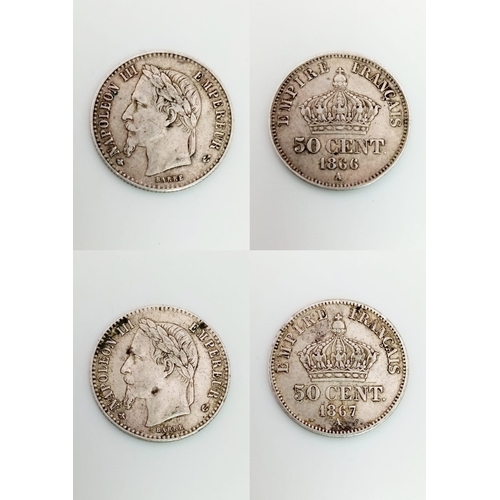 196 - Two French 50 Centine Silver Coins - 1866A and 1867A. Please see photos for conditions.