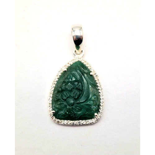 201 - A 12.20 Ct Rare Hand-Carved Natural Emerald Gemstone 925 Silver Pendant - With White Topaz Stone sur... 