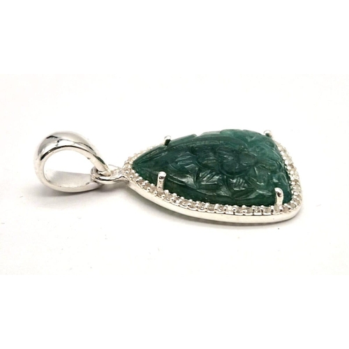 201 - A 12.20 Ct Rare Hand-Carved Natural Emerald Gemstone 925 Silver Pendant - With White Topaz Stone sur... 