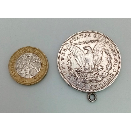 293 - An American silver Dollar pendant, dated 1902 in very good condition. Diameter: 38 mm, weight: 28 g.