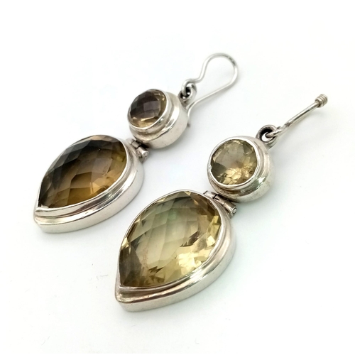 463 - A Pair of Vintage 925 Silver Lemon Quartz Drop Earrings. Circle and teardrop cut stones. 4.5cm drop.