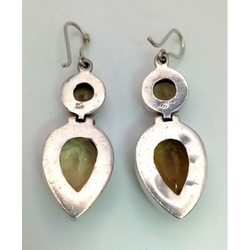 463 - A Pair of Vintage 925 Silver Lemon Quartz Drop Earrings. Circle and teardrop cut stones. 4.5cm drop.