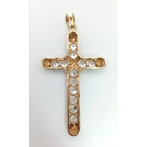 72 - A 9K Yellow Gold Cross Pendant with Top Quality White Zircon Stone Decoration. 5.5 x 3cm. 5.89g tota... 