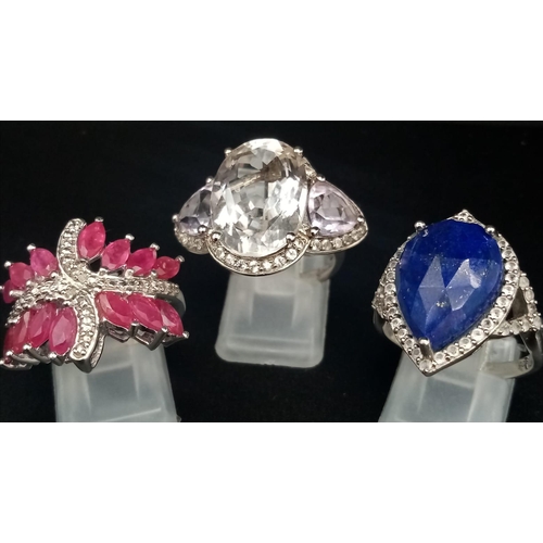 443 - Three 925 Sterling Silver Gemstone Rings - Rough sapphire, pink topaz and white quartz. Sizes N, R a... 