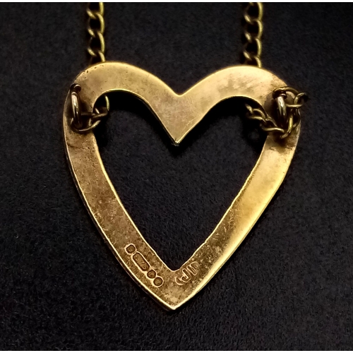 461 - A Vintage 9K Yellow Gold Heart Necklace. 36cm. 2.28g