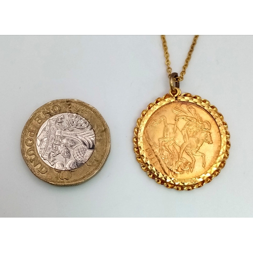 10 - A 22K Gold 1911 Full Sovereign set in 9K Gold on a 9K Yellow Gold Disappearing Necklace - 56cm. 11.6... 