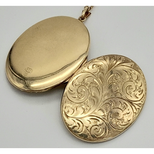 106 - A Vintage Large 9K Yellow Gold Locket Pendant on a 9K Yellow Gold Necklace. Scrolled engraved decora... 