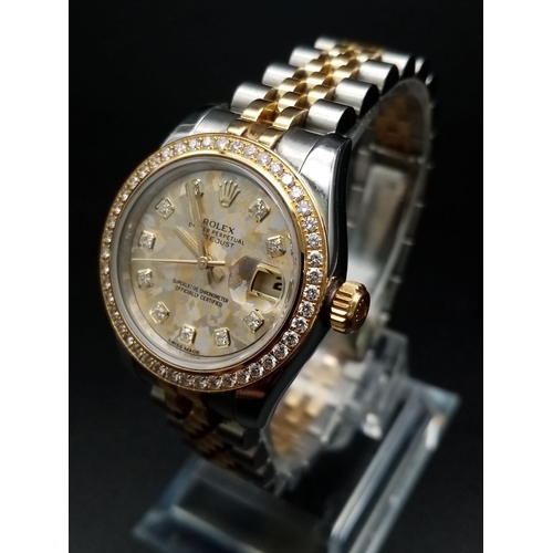 21 - A Bi-Metal Rolex Oyster Perpetual Datejust Diamond Ladies Watch. Gold and stainless steel strap and ... 