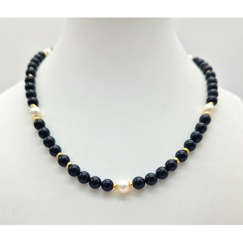 342 - A Black Onyx with Pearl Necklace and Drop Earring Set. 18K Gold clasp and earring backing. Necklace ... 