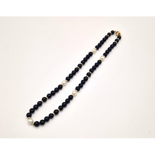 342 - A Black Onyx with Pearl Necklace and Drop Earring Set. 18K Gold clasp and earring backing. Necklace ... 