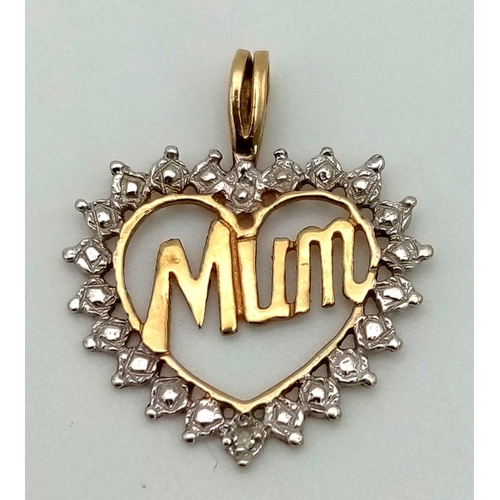 582 - A 9K Yellow and White Gold Mum Heart Pendant - single small diamond at base. 2cm.