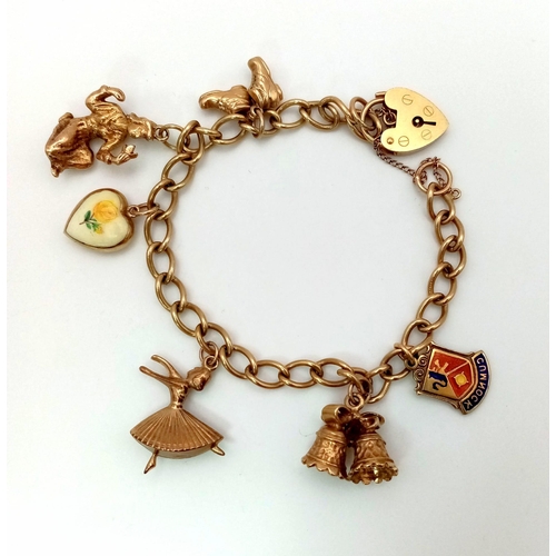 66 - A 9K Yellow Gold Vintage Charm Bracelet with Heart Clasp. Six eclectic charms. 18cm. 23.42g total we... 