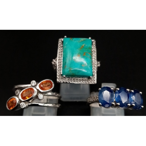 987 - Three 925 Silver Gemstone Rings - Turquoise, blue topaz and citrine. 2 x R, 1 x P.