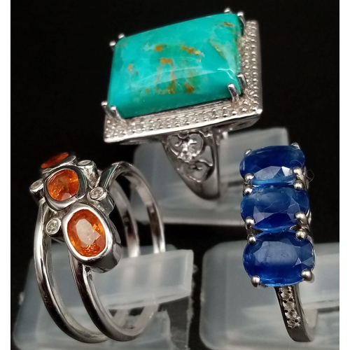 987 - Three 925 Silver Gemstone Rings - Turquoise, blue topaz and citrine. 2 x R, 1 x P.