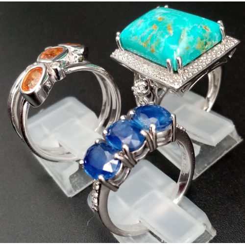 987 - Three 925 Silver Gemstone Rings - Turquoise, blue topaz and citrine. 2 x R, 1 x P.