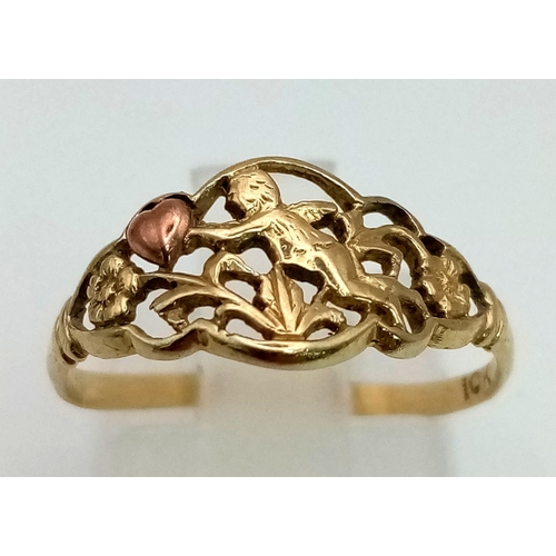 988 - A Vintage 10K Two Colour Gold Slightly Bent at Rear Cupid Ring. Size M. 1.15g