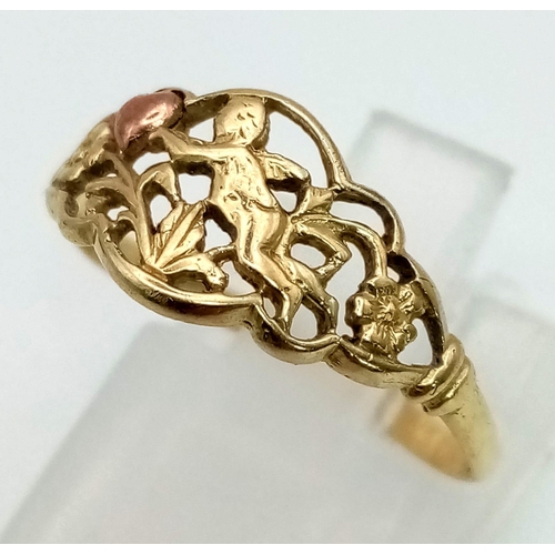 988 - A Vintage 10K Two Colour Gold Slightly Bent at Rear Cupid Ring. Size M. 1.15g