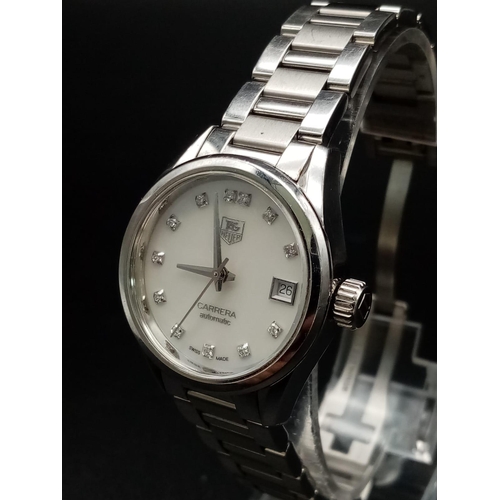 337 - A Tag Heuer Carrera Diamond Ladies Watch. Stainless steel strap and case - 28mm. Silver tone dial wi... 