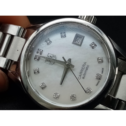 337 - A Tag Heuer Carrera Diamond Ladies Watch. Stainless steel strap and case - 28mm. Silver tone dial wi... 