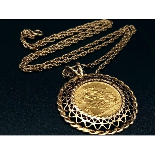 4 - A 22K 1915 Full Gold Sovereign set in a 9K Yellow Gold Casing on a 9K Gold Prince of Wales Link Neck... 