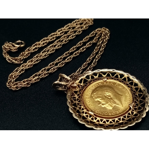 4 - A 22K 1915 Full Gold Sovereign set in a 9K Yellow Gold Casing on a 9K Gold Prince of Wales Link Neck... 