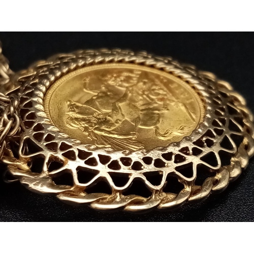 4 - A 22K 1915 Full Gold Sovereign set in a 9K Yellow Gold Casing on a 9K Gold Prince of Wales Link Neck... 