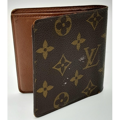 479 - A Louis Vuitton Wallet.  Monogram canvas with brown leather pocket interior. 10 x 10cm. Some scuff m... 