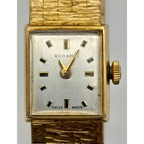 16 - A Vintage Swiss Rodania 9K Solid Gold Ladies Watch. 9K gold bracelet and case - 15 x 15mm. Mechanica... 