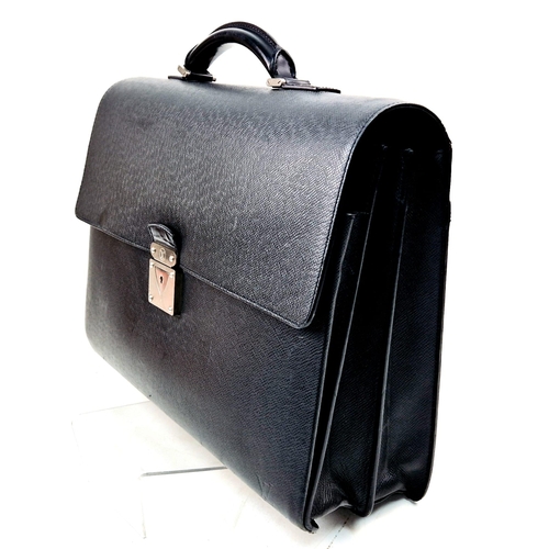 168 - A Stylish Louis Vuitton Robusto Black Taiga Leather Briefcase. LV silver tone lock - no key. Multipl... 