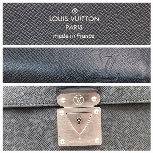 168 - A Stylish Louis Vuitton Robusto Black Taiga Leather Briefcase. LV silver tone lock - no key. Multipl... 