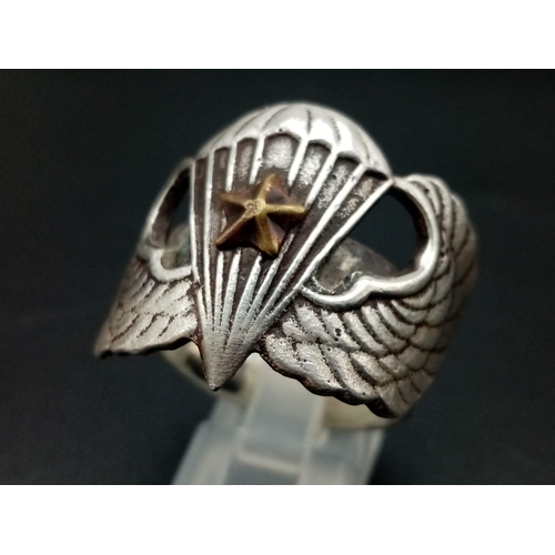 576 - WW2 American Silver Paratroopers Ring with 1 Combat Star Wings made by Morrie Luxenburg New York