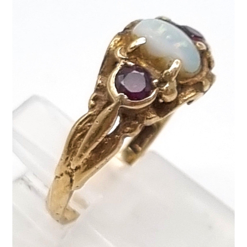 1191 - 9k Yellow Gold Vintage Ruby and Opal Ring.
Size P, Weighs 3G