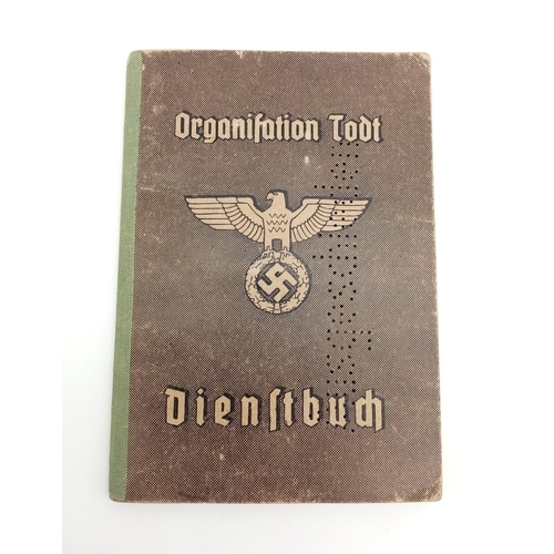 33 - RARE 3rd Reich Organisation Todt Dienst Buch (Service Book) with lots of stamped entries in his meda... 